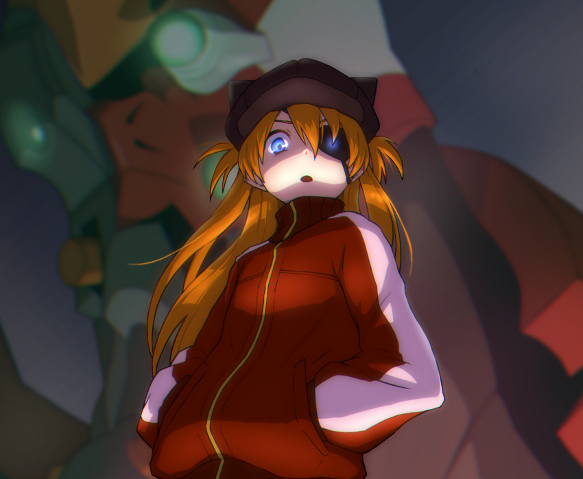 1girl alternate_hair_length alternate_hairstyle artist_request blue_eyes bodysuit breasts brown_hair eva_02 evangelion:_3.0_you_can_(not)_redo eyepatch giant glowing glowing_eyes highres long_hair looking_at_viewer mecha mecha_pilot_suit neon_genesis_evangelion plugsuit_(evangelion) rebuild_of_evangelion robot shaded_face shiny_clothes souryuu_asuka_langley very_long_hair