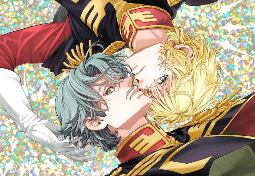 2boys beard blonde_hair blue_eyes challia_bull char_aznable commentary_request epaulettes face-to-face facial_hair gloves grey_eyes grey_hair gundam gundam_gquuuuuux high_collar highres jacket long_sleeves looking_at_viewer male_focus military_jacket military_uniform multiple_boys mustache nyan_co3 open_mouth red_jacket short_hair upside-down yaoi
