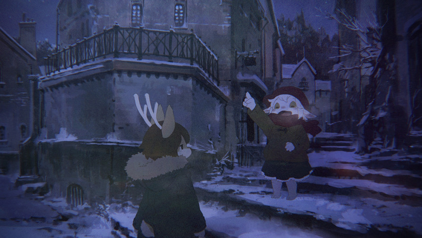 1boy 1girl animal_ears antlers bare_tree black_eyes breath brown_eyes building child chimney chromatic_aberration coat deer_antlers deer_boy deer_ears deer_tail fewer_digits film_grain fur-trimmed_coat fur_trim furry furry_female furry_male hat hood hood_down hooded_coat horizontal_pupils horns house nishiko original pointing railing scarf scenery sheep_ears sheep_girl skirt snow standing tail tree white_hair winter winter_clothes