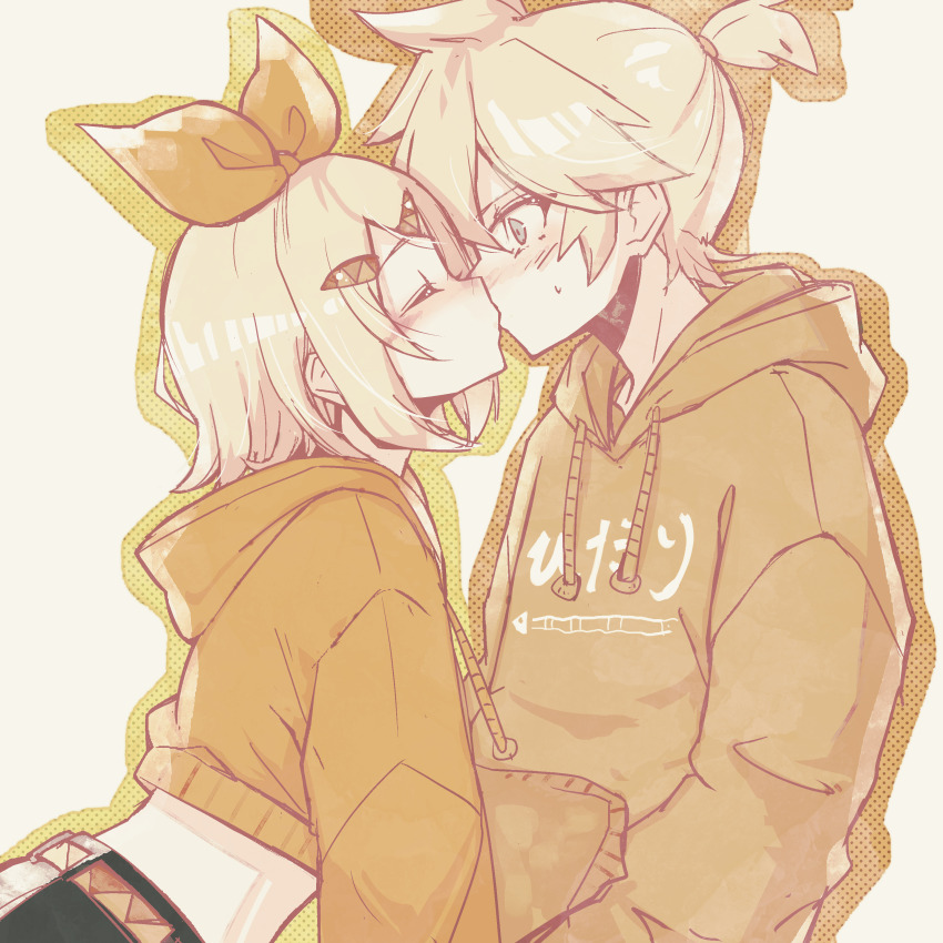 1boy 1girl absurdres belt black_shorts blonde_hair blush bow brother_and_sister closed_eyes clothes_writing commentary cropped_hoodie hair_between_eyes hair_bow hair_ornament hairclip halka hetero high_ponytail highres hood hoodie incest kagamine_len kagamine_rin kiss looking_at_another medium_hair midriff orange_outline outline ponytail short_ponytail shorts siblings surprise_kiss surprised sweatdrop twincest twins vocaloid wide-eyed yellow_belt yellow_outline yellow_theme