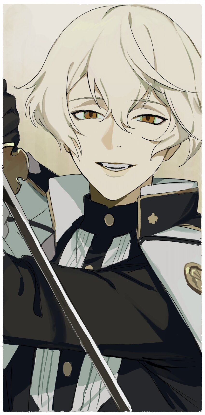 1boy 42u16 absurdres black_gloves blonde_hair commentary_request gloves hair_between_eyes higekiri_(touken_ranbu) highres holding holding_sword holding_weapon jacket jacket_on_shoulders long_sleeves looking_at_viewer male_focus open_mouth orange_eyes simple_background solo sword tachi_(weapon) touken_ranbu upper_body weapon white_jacket
