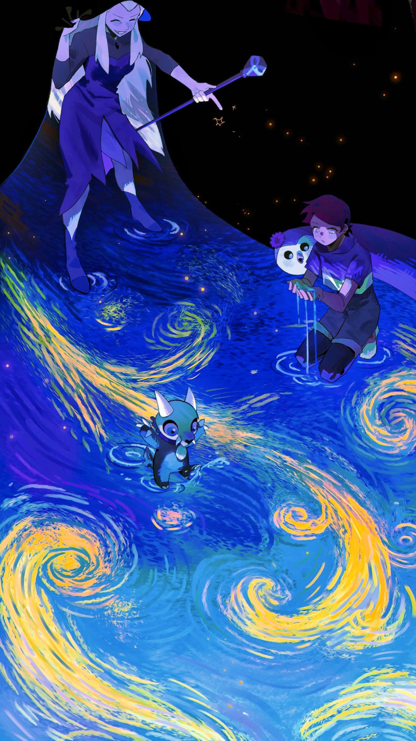 2boys 2girls :o a-kai202 black_background blue_shorts breasts brown_eyes brown_hair cane closed_eyes dark-skinned_female dark_skin denim denim_shorts dress edalyn_clawthorne hair_slicked_back highres holding holding_cane hooty_(the_owl_house) king_clawthorne kneeling long_hair looking_down luz_noceda medium_breasts medium_hair multiple_boys multiple_girls pantyhose pantyhose_under_shorts purple_dress shoes shorts sneakers starry_night_(van_gogh) the_owl_house very_long_hair white_hair