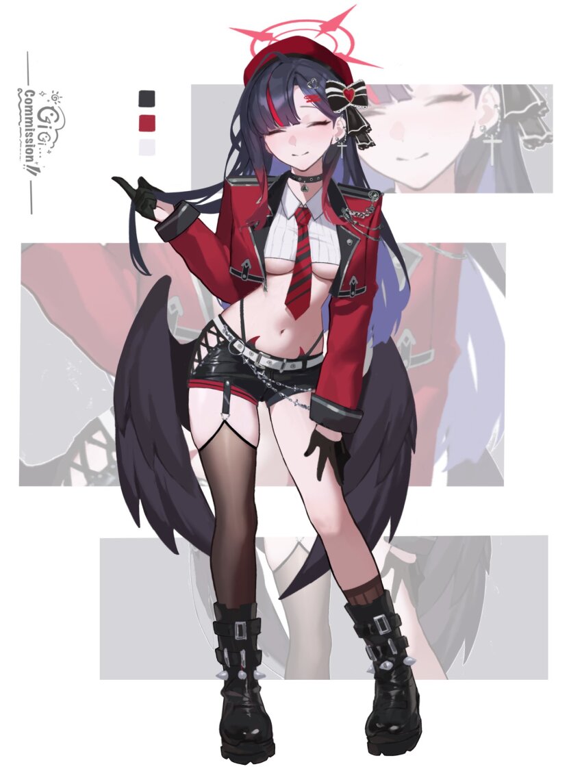 1girl belt beret black_boots black_choker black_thighhighs black_wings blue_archive blush boots bow breasts choker closed_eyes collared_shirt commentary_request commission contrapposto cropped_jacket cropped_shirt cross cross_earrings diagonal-striped_clothes diagonal-striped_necktie earrings full_body garter_straps gigi20040323 gradient_hair hair_bow hair_ornament hairclip halo hand_on_own_thigh hat heart heart_hair_ornament highres holding holding_own_hair ichika_(blue_archive) jacket jewelry latex_shorts low_wings multicolored_hair navel necktie red_halo red_hat red_jacket shirt short_shorts shorts single_garter_strap single_thighhigh smile solo standing streaked_hair striped_clothes striped_necktie thighhighs underboob white_belt wings