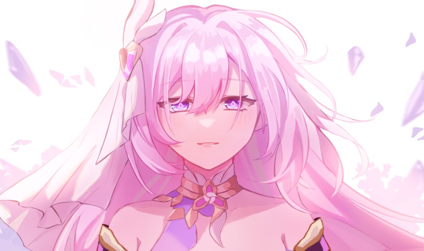 1girl bare_shoulders chinese_commentary commentary_request elysia_(herrscher_of_human:_ego)_(honkai_impact) elysia_(honkai_impact) faber_fubei hair_between_eyes hair_ornament highres honkai_(series) honkai_impact_3rd long_hair looking_at_viewer pink_hair portrait purple_eyes simple_background smile solo very_long_hair white_background