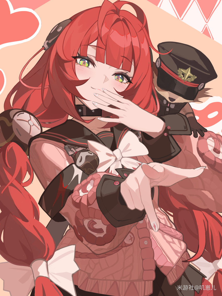 1girl absurdres animal animal_on_shoulder antenna_hair black_hat black_sailor_collar black_skirt blush braid braided_twintails brown_background cardigan charm_(object) chest_bow closed_mouth commentary_request covering_own_mouth green_eyes hair_ornament hair_ribbon hat head_tilt hearing_aid heart highres jizaier kamanosuke_(zenless_zone_zero) long_hair looking_at_viewer nail_polish pink_cardigan pointing pointing_at_viewer raccoon red_hair ribbon sailor_collar skirt sphere_hair_ornament tanuki ukinami_yuzuha upper_body white_ribbon zenless_zone_zero