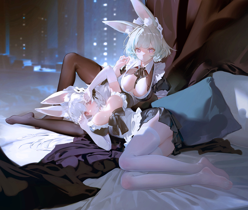2girls absurdres animal_ears apron black_dress black_thighhighs breasts cleavage dress full_body grey_hair highres lap_pillow large_breasts lying multiple_girls neck_ribbon no_shoes on_side original pillow purple_eyes rabbit_ears red_eyes ribao ribbon sitting thighhighs white_apron white_thighhighs