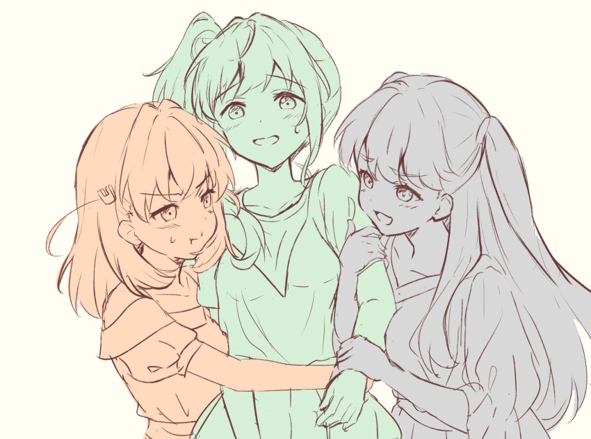 3girls arms_around_waist blush breast_press closed_mouth collarbone crossed_bangs dress fujishima_megumi fujishima_megumi_(summer_casual) girl_sandwich grey_background hair_bun hair_ornament hanazora_satsuki highres hinoshita_kaho holding_another&#039;s_arm link!_like!_love_live! lone_nape_hair long_hair love_live! love_triangle medium_hair multiple_girls multiple_monochrome open_mouth otomune_kozue pout rabbit_hair_ornament sandwiched shirt side_ponytail single_side_bun sweatdrop two_side_up unfinished v-neck v-shaped_eyebrows virtual_youtuber worried yuri