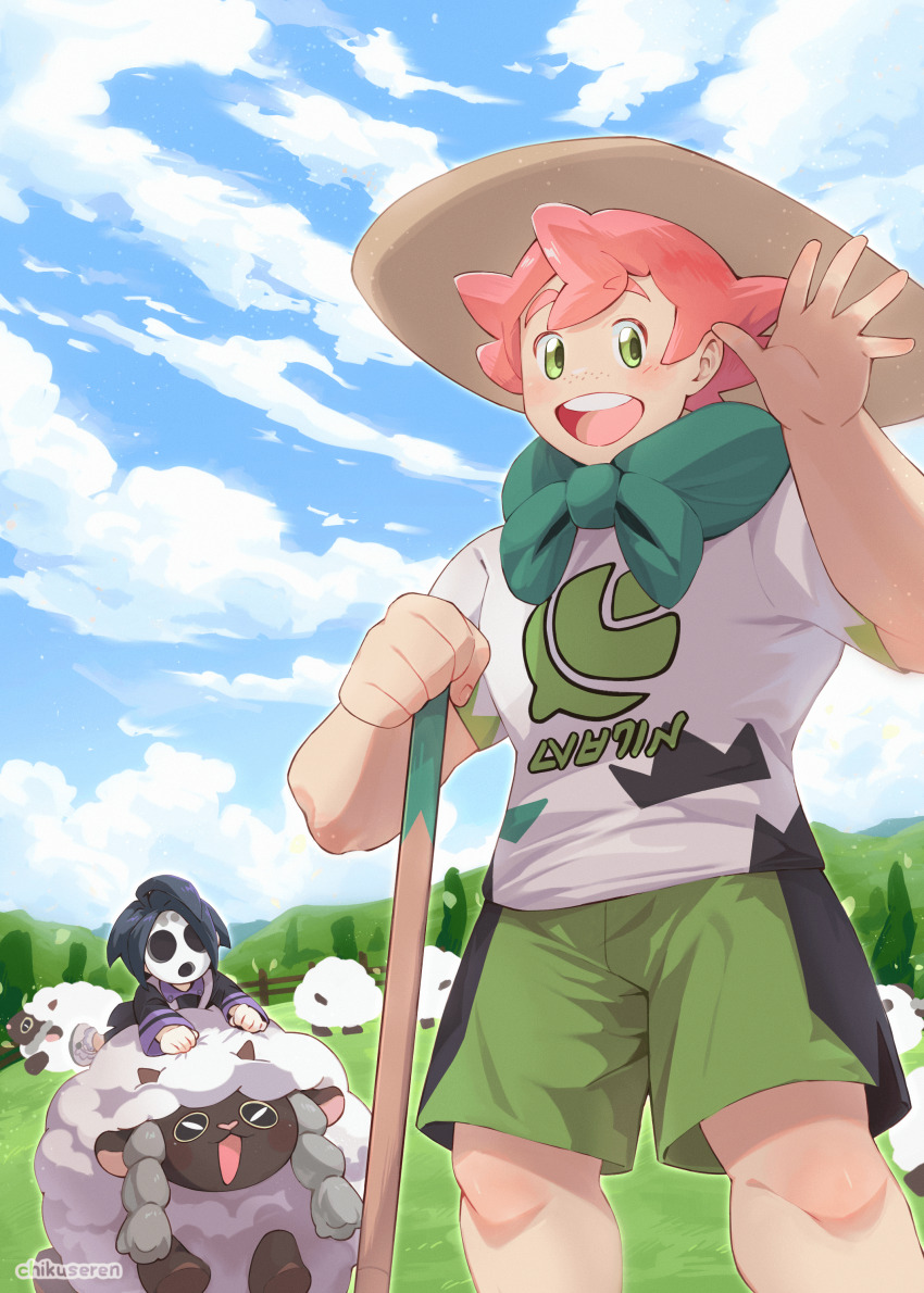 2boys :d absurdres allister_(pokemon) chikuseren cloud commentary day english_commentary fence gen_8_pokemon grass green_eyes green_scarf green_shorts hat highres holding looking_at_viewer male_focus milo_(pokemon) multiple_boys nintendo open_mouth outdoors pink_hair pokemon pokemon_(creature) pokemon_swsh scarf shirt short_hair short_sleeves shorts sky smile teeth tongue upper_teeth_only wooloo