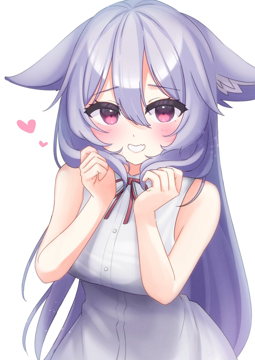 1girl :d absurdres animal_ear_fluff animal_ears bare_arms bare_shoulders blush breasts collared_dress dress ears_down fang fox_ears grey_hair grin hair_between_eyes hands_up heart highres kikyo_(vrchat) large_breasts long_hair looking_at_viewer mashir_oxo medium_breasts neck_ribbon open_mouth purple_eyes purple_hair red_eyes red_ribbon ribbon simple_background sleeveless sleeveless_dress smile solo upper_body very_long_hair vrchat white_background white_dress
