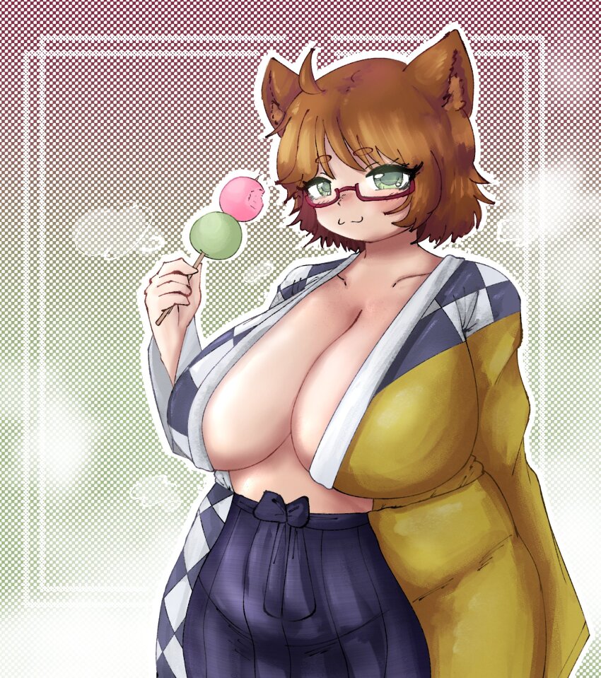 1girl :3 animal_ears artist_request biligbilig breasts brown_hair cleavage dango food glasses green_eyes hakama haori highres huge_breasts indie_virtual_youtuber japanese_clothes mint_castella open_clothes open_shirt plump rectangular_eyewear semi-rimless_eyewear short_hair sideboob solo standing virtual_youtuber wagashi