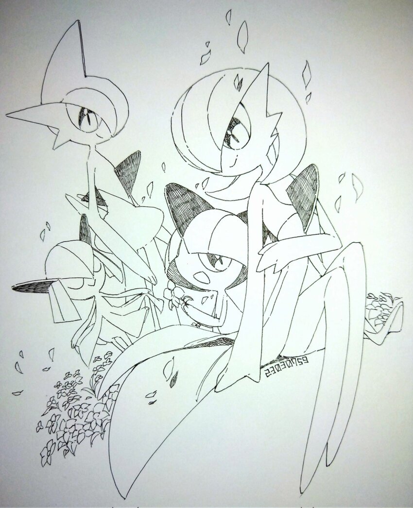 arm_blade bob_cut dated dress evolutionary_line falling_petals flower gallade gardevoir gen_3_pokemon gen_4_pokemon hair_over_one_eye highres holding holding_flower horns kirlia monochrome nintendo no_feet petals pokemon pokemon_(creature) ralts sg_(suuchan) sidelocks simple_background sketch smile weapon