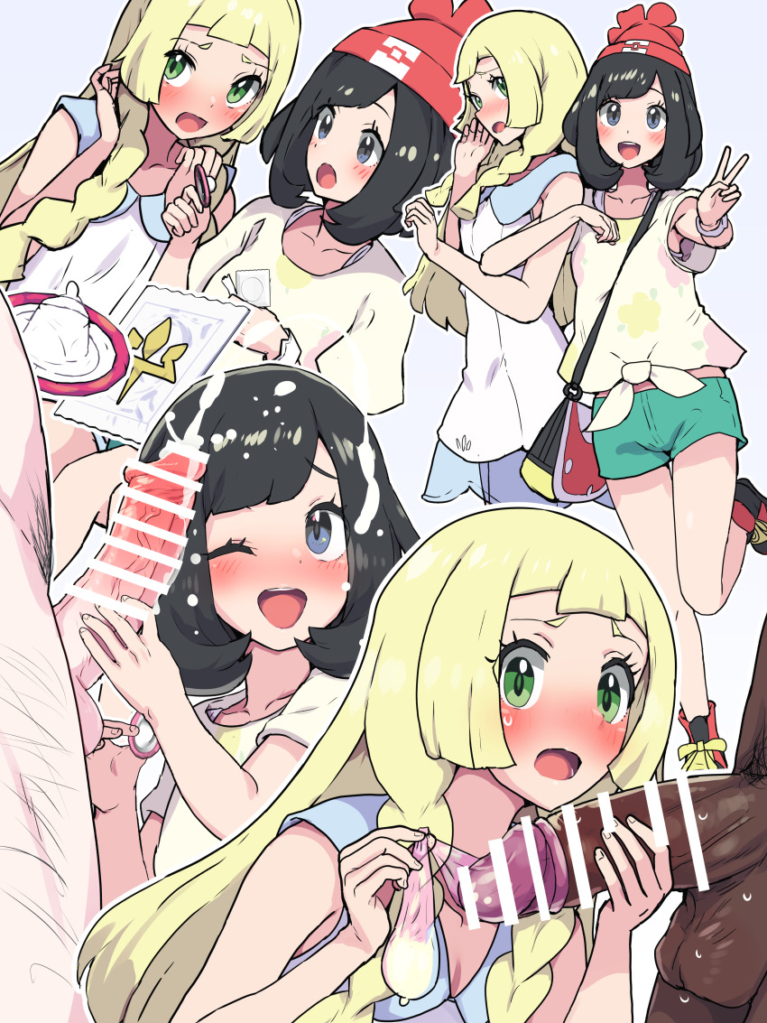 2boys 2girls absurdres bare_shoulders beanie black_hair blonde_hair blush boris_(noborhys) bracelet braided_sidelock breasts censored condom condom_on_penis cum dress ejaculation erection floral_print green_eyes green_shorts grey_eyes handjob hat hetero highres jewelry lillie_(pokemon) long_hair looking_at_viewer multiple_boys multiple_girls nintendo one_eye_closed open_mouth penis pokemon pokemon_sm red_hat selene_(pokemon) shirt short_hair short_sleeves shorts sidelocks small_breasts smile textless_version white_dress yellow_shirt