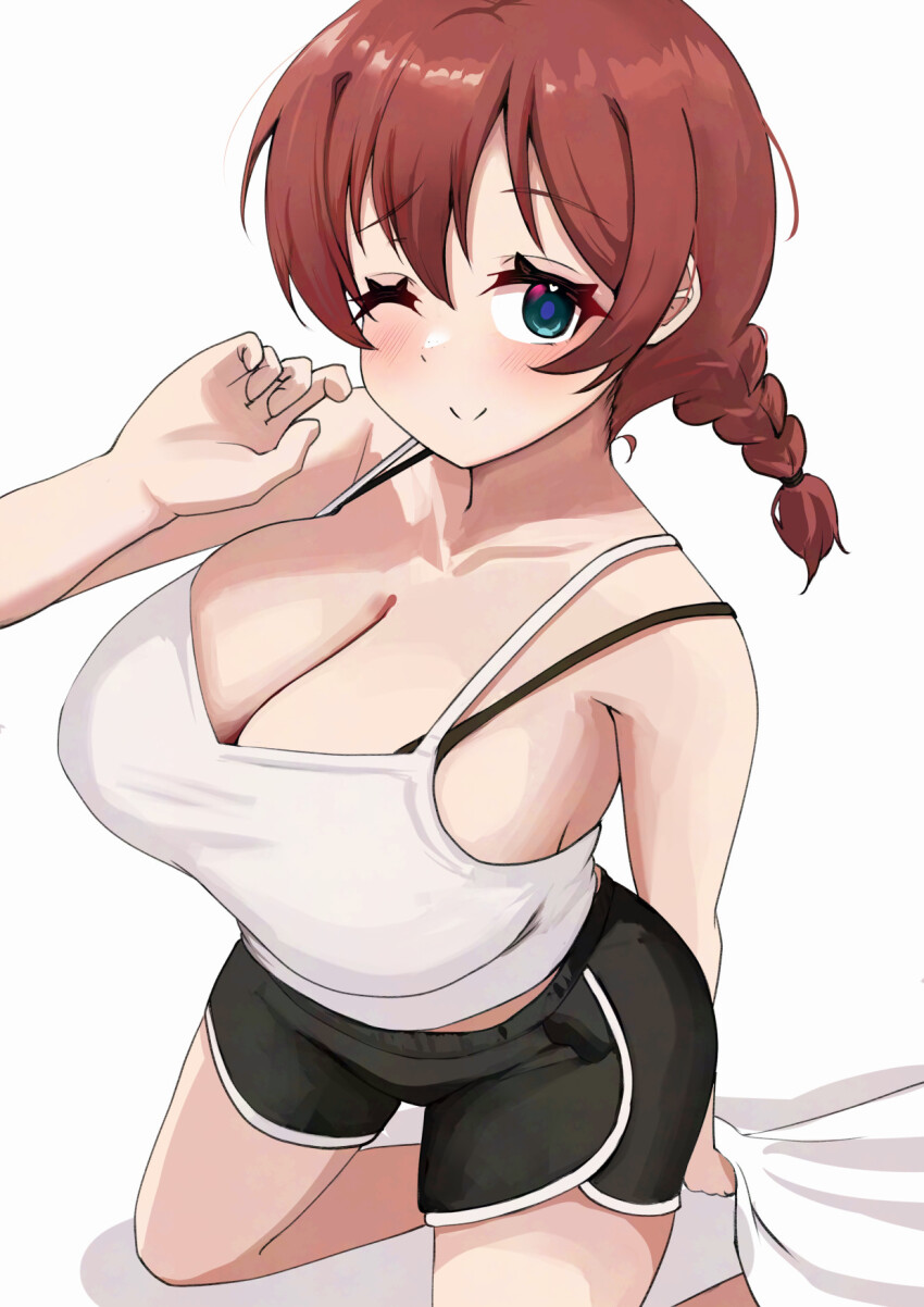 1girl aqua_eyes bare_arms bed_sheet black_bra black_shorts blush bra bra_strap braid breasts brown_hair camisole cleavage closed_mouth emma_verde freckles hair_between_eyes heart heart-shaped_pupils highres kneeling large_breasts long_hair looking_at_viewer love_live! love_live!_nijigasaki_high_school_idol_club open_mouth pisagi sheet_grab shorts sideboob simple_background smile solo symbol-shaped_pupils twin_braids underwear white_background white_camisole