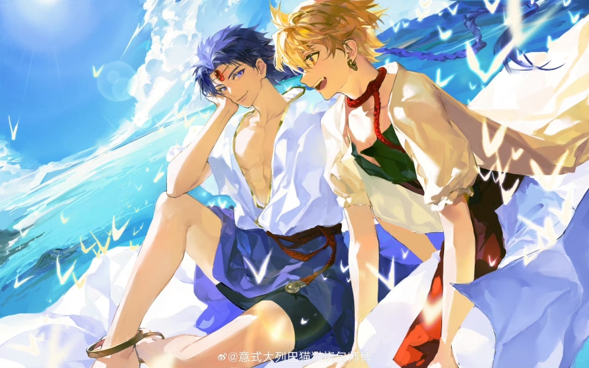 2boys aladdin_(magi) alibaba_saluja anklet arabian_clothes blonde_hair blue_eyes blue_hair blue_sky braid braided_ponytail cloud de678997 earrings head_chain highres horn-shaped_hair jewelry long_hair magi_the_labyrinth_of_magic magic_carpet male_focus multiple_boys ocean open_mouth outdoors pectorals robe rukh_(magi) shirt short_hair single_braid sitting sky smile yellow_eyes