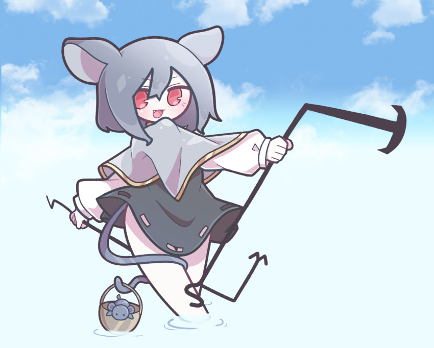 1girl animal_ears baek_ban black_dress blue_sky capelet commentary dowsing_rod dress fang gold_trim grey_capelet grey_hair hair_between_eyes holding holding_with_tail long_sleeves medium_hair mouse_(animal) mouse_ears mouse_girl mouse_tail nazrin open_mouth prehensile_tail shirt sky smile solo tail tail_around_own_leg thighs touhou wading white_shirt
