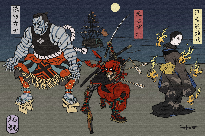 1girl 2boys adapted_costume armor arrow_(projectile) artist_name bat_(animal) black_hair blank_eyes colossus_(x-men) deadpool deadpool_(movie) deadpool_(series) dual_wielding faux_traditional_media fine_art_parody from_behind frown full_moon geta gun handgun highres holding japanese_armor japanese_clothes jpeg_artifacts katana kimono kote looking_back marvel mitsudomoe_(shape) moon multiple_boys negasonic_teenage_warhead night nihonga pale_skin parody ship short_hair sleeveless sumo sword takumi_(marlboro) teeth tomoe_(symbol) ukiyo-e very_short_hair waraji water watercraft weapon x-men x-men_film_series