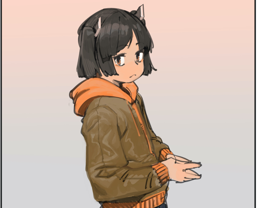 1girl alternate_costume bags_under_eyes black_hair brown_background brown_eyes brown_jacket closed_mouth expressionless gradient_background grey_background headgear highres hood hood_down hooded_jacket jacket kaerudouhu looking_at_viewer looking_to_the_side own_hands_together short_hair solo touhoku_kiritan two_side_up upper_body voiceroid
