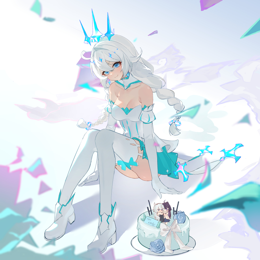 1girl absurdres bare_shoulders birthday_cake blue_eyes braid breasts cake cake_decoration cleavage dress food highres honkai_(series) honkai_impact_3rd kiana_kaslana kiana_kaslana_(divine_prayer) kiana_kaslana_(winter_princess) large_breasts long_hair raiden_mei sitting smile solo thighhighs thighs tiara twin_braids white_dress white_footwear white_hair white_thighhighs yuan_zhen