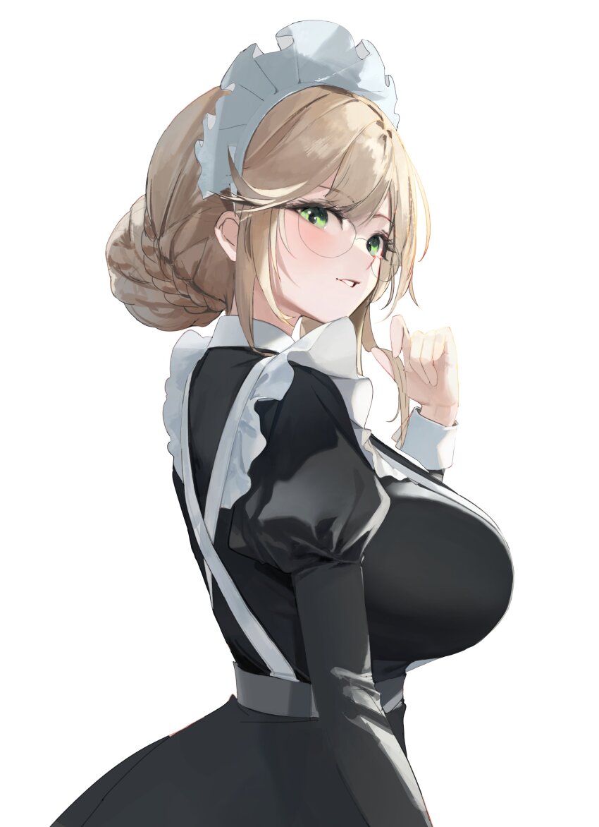 absurdres ade_(nikke) bbul_horn blonde_hair braid breasts from_side goddess_of_victory:_nikke green_eyes hair_between_eyes hair_bun hair_intakes highres large_breasts light_blush looking_to_the_side maid maid_headdress open_mouth sidelocks twirling_hair victorian_maid white_background