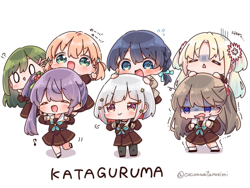 !? 0_0 6+girls :&gt; =_= @_@ aqua_eyes aqua_neckerchief black_choker black_gloves black_pantyhose blonde_hair blue_eyes blue_hair blue_ribbon blush bob_cut brown_cardigan brown_dress brown_hair cardigan carrying carrying_multiple_people carrying_person chibi chibi_only choker closed_eyes colored_inner_hair crossed_bangs dark_blue_hair dress eighth_note flower flying_sweatdrops fujishima_megumi fukune_koko gloves gradient_hair green_hair grey_hair hair_bun hair_flower hair_ornament hair_ribbon hairclip hasu_no_sora_school_uniform highres hinoshita_kaho inverted_bob light_blue_hair link!_like!_love_live! long_hair long_sleeves loose_hair_strand love_live! low_twintails medium_dress medium_hair motion_lines multicolored_hair multiple_girls murano_sayaka musical_note neckerchief o-ring o-ring_choker oogami_sachi orange_hair osawa_rurino otomune_kozue pantyhose parted_bangs pink_eyes pink_flower pleated_dress puff_of_air purple_eyes purple_hair rabbit_hair_ornament red_flower red_hair ribbon romaji_text sailor_collar sailor_dress school_uniform short_hair shoulder_carry side_ponytail sidelocks simple_background single_side_bun socks standing standing_on_shoulder star_(symbol) star_hair_ornament streaked_hair struggling sweat swept_bangs translation_request triangle_mouth turn_pale twintails twitter_username two_side_up v-shaped_eyebrows virtual_youtuber white_background white_flower white_sailor_collar white_socks winter_uniform yugiri_tsuzuri