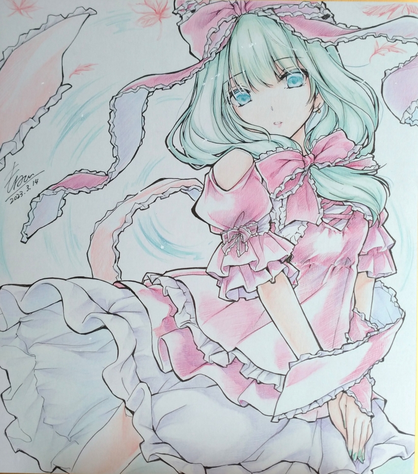 1girl absurdres adapted_costume bow clothing_cutout commentary_request dated dress falling_leaves frilled_bow frilled_ribbon frills green_eyes green_hair green_nails hair_bow highres kagiyama_hina leaf long_hair looking_at_viewer monety red_bow red_dress ribbon shikishi short_sleeves shoulder_cutout signature solo touhou traditional_media wrist_ribbon