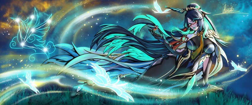 1girl aqua_eyes aqua_hair aqua_lips blue_hair bodystocking breasts cloud_retainer_(genshin_impact) colored_inner_hair commentary genshin_impact glasses grass high_heels highres lunart medium_breasts multicolored_hair red-framed_eyewear solo xianyun_(genshin_impact)