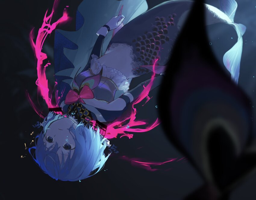 1girl blue_eyes blue_hair bow cape detached_sleeves fins gloves highres mahou_shoujo_madoka_magica mahou_shoujo_madoka_magica_(anime) mermaid miki_sayaka monster_girl oktavia_von_seckendorff red_bow scales short_hair solo un_nm5sy underwater white_gloves
