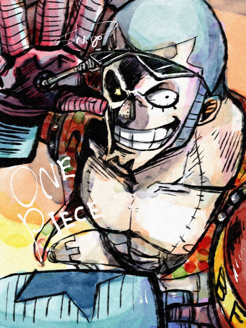 1boy blue_hair buzz_cut clenched_teeth commentary_request copyright_name cyborg franky_(one_piece) highres looking_at_viewer lower_eyelashes_only male_focus one_piece short_hair sideburns smile solo stitched_torso stitches sunglasses teeth urinunhanada very_short_hair