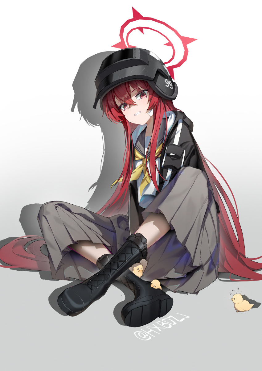 1girl absurdres baby_animal bird black_boots black_jacket blue_archive blush boots chick combat_helmet grey_sailor_collar grey_skirt grin hair_between_eyes halo helmet highres hxbdzj jacket lace-up_boots long_hair long_skirt looking_at_viewer neckerchief open_clothes open_jacket pleated_skirt rabu_(blue_archive) red_eyes red_hair red_halo sailor_collar shirt skirt smile solo very_long_hair white_shirt yellow_neckerchief