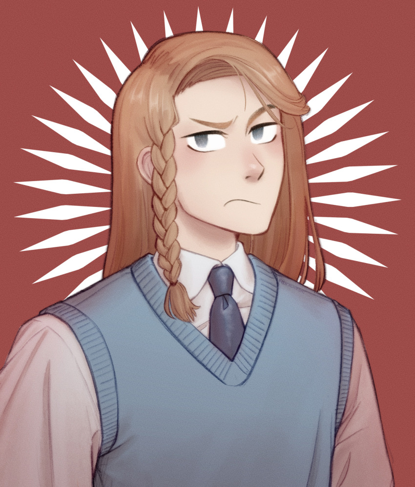 1boy ambition_plot blue_eyes blue_necktie blue_sweater_vest braid brown_hair closed_mouth collared_shirt hart_lovelace highres long_hair looking_at_viewer male_focus necktie radicalhoodie shirt single_braid solo sweater_vest unamused upper_body white_shirt