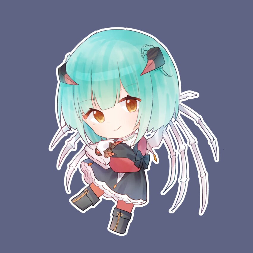 1girl bungo_yayoi chibi dress fake_horns green_hair heaven_burns_red highres horns official_alternate_costume short_hair skeletal_wings solo utsuru_515 wings yellow_eyes