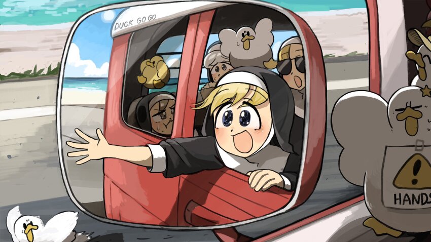 4girls :d bag bird blonde_hair blue_eyes brown_eyes brown_hair car_interior chicken clumsy_nun_(diva) commentary diva_(hyxpk) duck duckling english_commentary froggy_nun_(diva) grey_hair habit hat highres little_nuns_(diva) multiple_girls nun open_mouth paper_bag running sheep_nun_(diva) side-view_mirror slice_of_life smile spicy_nun_(diva) star_ornament sunglasses traditional_nun yellow_star