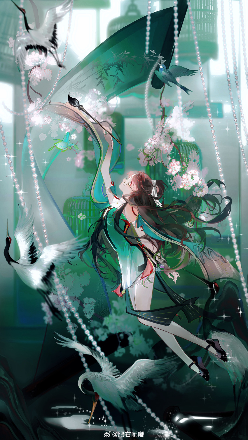 1girl absurdres aqua_background aqua_dress bare_arms bare_shoulders bird birdcage black-framed_eyewear black_gloves black_shoes bow brown_eyes brown_hair cage calligraphy_brush chinese_clothes chinese_commentary commentary_request crane_(animal) dress fei_you_dudu fingerless_gloves floating_hair flower_knot full_body glasses gloves green_dress hair_bow highres holding holding_calligraphy_brush holding_paintbrush lace lace-trimmed_thighhighs lace_gloves lace_trim long_hair mary_janes multicolored_hair paintbrush pointy_nose reaching red_ribbon ribbon round_eyewear scroll see-through_clothes see-through_gloves see-through_thighhighs shoes short_dress single_fingerless_glove solo sparkle strapless strapless_dress swallow_(bird) tassel thighhighs topknot very_long_hair white_bow white_thighhighs writing wuthering_waves zhezhi_(wuthering_waves)