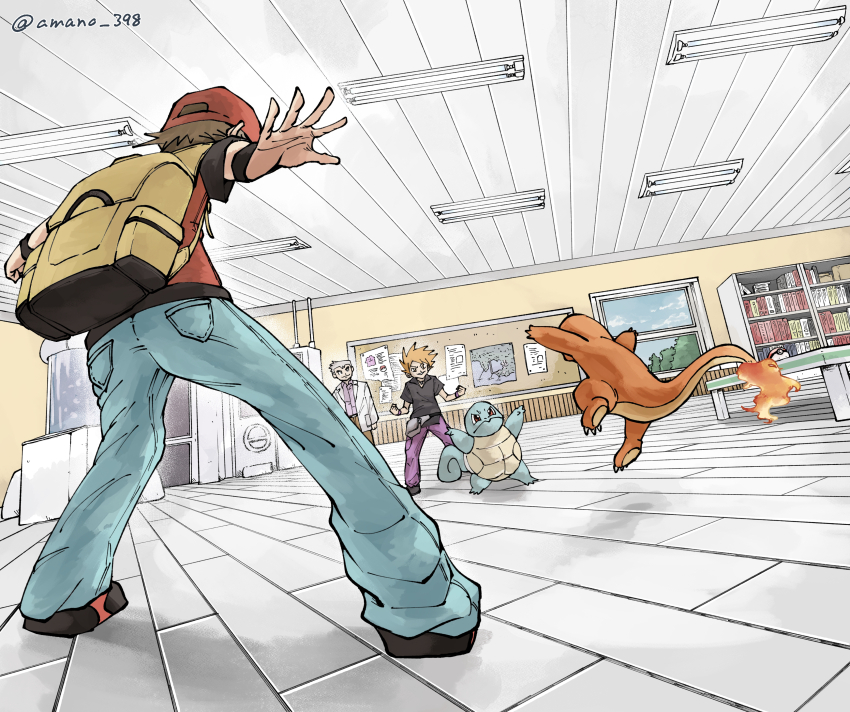 3boys absurdres amanonon backpack bag black_shirt blue_oak blue_pants blue_sky book bookshelf brown_hair brown_pants bulletin_board ceiling ceiling_light charmander clenched_hands closed_mouth cloud collared_shirt day denim ditto fanny_pack fire flame-tipped_tail from_behind full_body gen_1_pokemon grandfather_and_grandson grey_bag grey_hair hat highres indoors jacket jeans lab_coat multiple_boys nintendo open_clothes open_jacket pants poke_ball poke_ball_(basic) pokemon pokemon_battle pokemon_frlg purple_pants purple_shirt red_(pokemon) red_hat professor_oak shirt shoes short_hair short_sleeves sky smile spiked_hair squirtle standing table tail tree white_jacket window yellow_bag