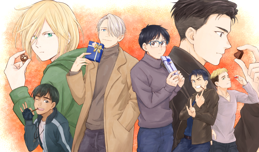 6+boys :t ;d absurdres bad_id bad_pixiv_id black_gloves black_hair blonde_hair blue-framed_eyewear blue_eyes brown_eyes candy chocolate chocolate_heart christophe_giacometti coat cookie denim eating facial_hair fingerless_gloves food gift glasses gloves green_eyes grey_eyes grin hair_over_one_eye hand_in_pocket heart highres it&#039;s_j.j._style! jean-jacques_leroy jeans katsuki_yuuri male_focus mouth_hold multiple_boys one_eye_closed open_mouth otabek_altin pants phichit_chulanont pocky silver_hair smile takeshi_(mononohu20) turtleneck viktor_nikiforov yuri!!!_on_ice yuri_plisetsky