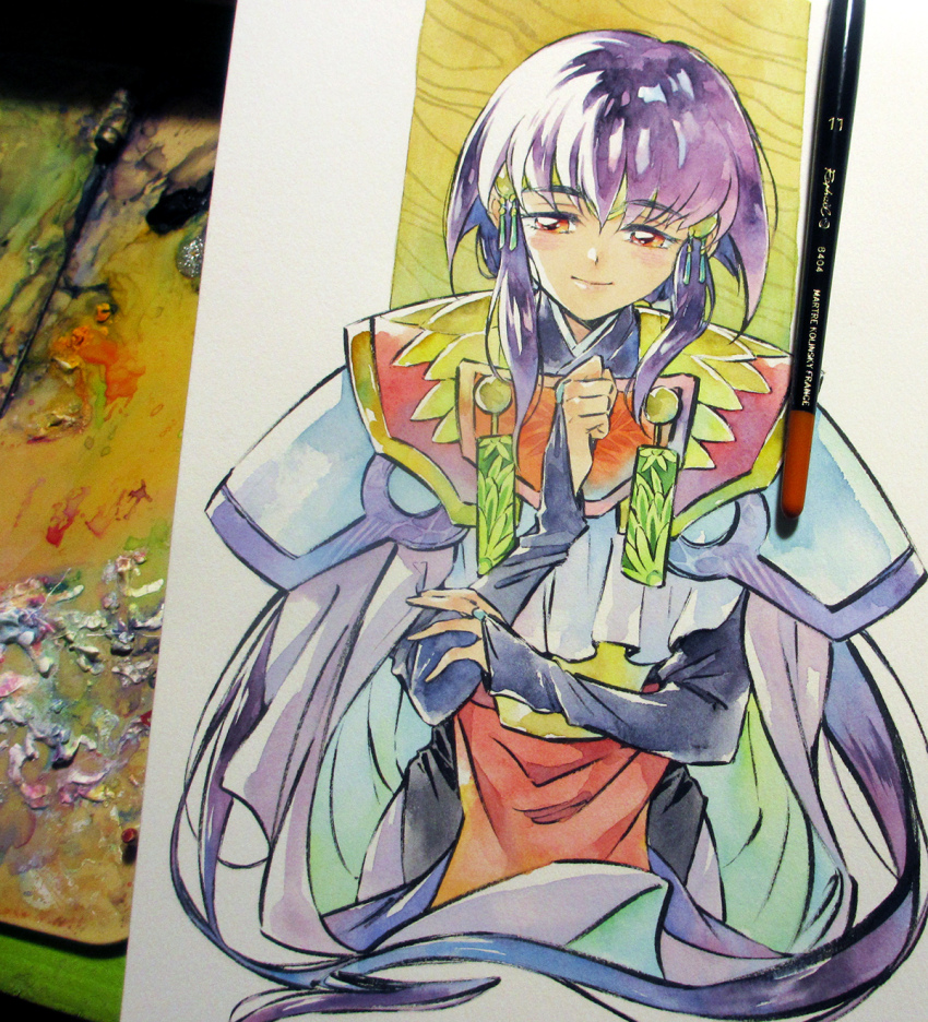 1girl agahari armor art_brush art_tools_in_frame black_bridal_gauntlets black_dress bridal_gauntlets closed_mouth commentary_request cropped_torso dress hair_ornament half-closed_eyes hand_on_own_arm hand_up highres long_hair looking_down masaki_aeka_jurai paintbrush painting_(medium) pelvic_curtain photo_(medium) purple_hair red_eyes shoulder_armor smile solo tenchi_muyou! traditional_media very_long_hair
