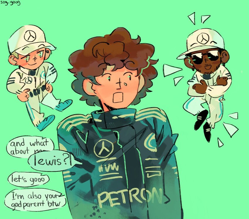 3boys andrea_kimi_antonelli aqua_background artist_name black_racing_suit brown_eyes brown_hair closed_mouth commentary dark-skinned_male dark_skin english_commentary english_text floating formula_one highres lewis_hamilton looking_at_another male_focus mercedes-benz multiple_boys notice_lines open_mouth racing_suit real_life rectangular_mouth simple_background smile sog_goog speech_bubble talking valtteri_bottas
