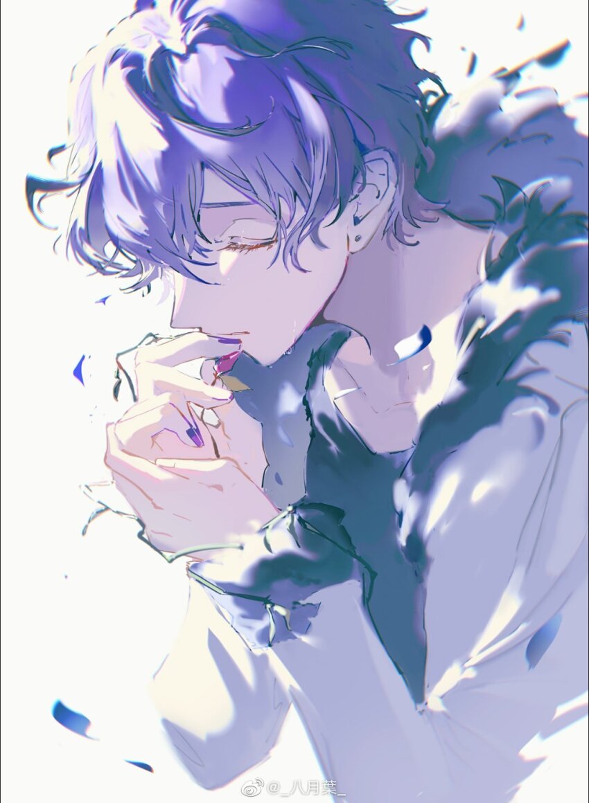 1boy black_shirt byuey closed_eyes coat collarbone earrings falling_petals from_side fur-trimmed_coat fur_trim garry_(ib) hair_over_one_eye hands_up highres holding holding_petal ib_(kouri) jewelry long_sleeves male_focus open_clothes open_coat own_hands_together parted_lips petals profile purple_hair purple_nails shirt short_hair simple_background solo stud_earrings upper_body watermark weibo_watermark white_background white_coat