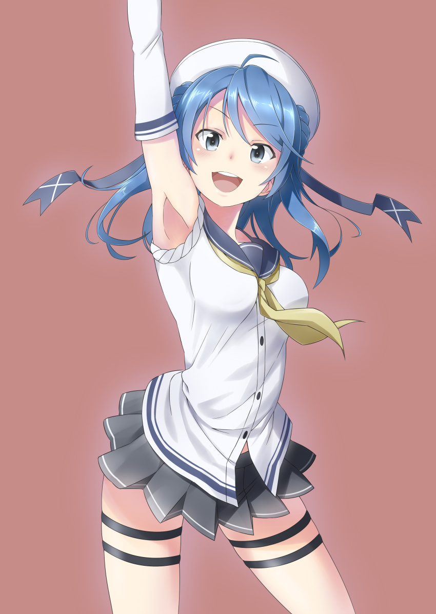 10s 1girl absurdres blouse blue_eyes blue_hair breasts double_bun elbow_gloves female_focus gloves hair_bun hat highres kantai_collection long_hair matching_hair/eyes medium_breasts open_mouth pleated_skirt sailor_hat school_uniform serafuku shirt skirt sleeves_rolled_up smile solo takahan urakaze_(kancolle) white_gloves white_hat