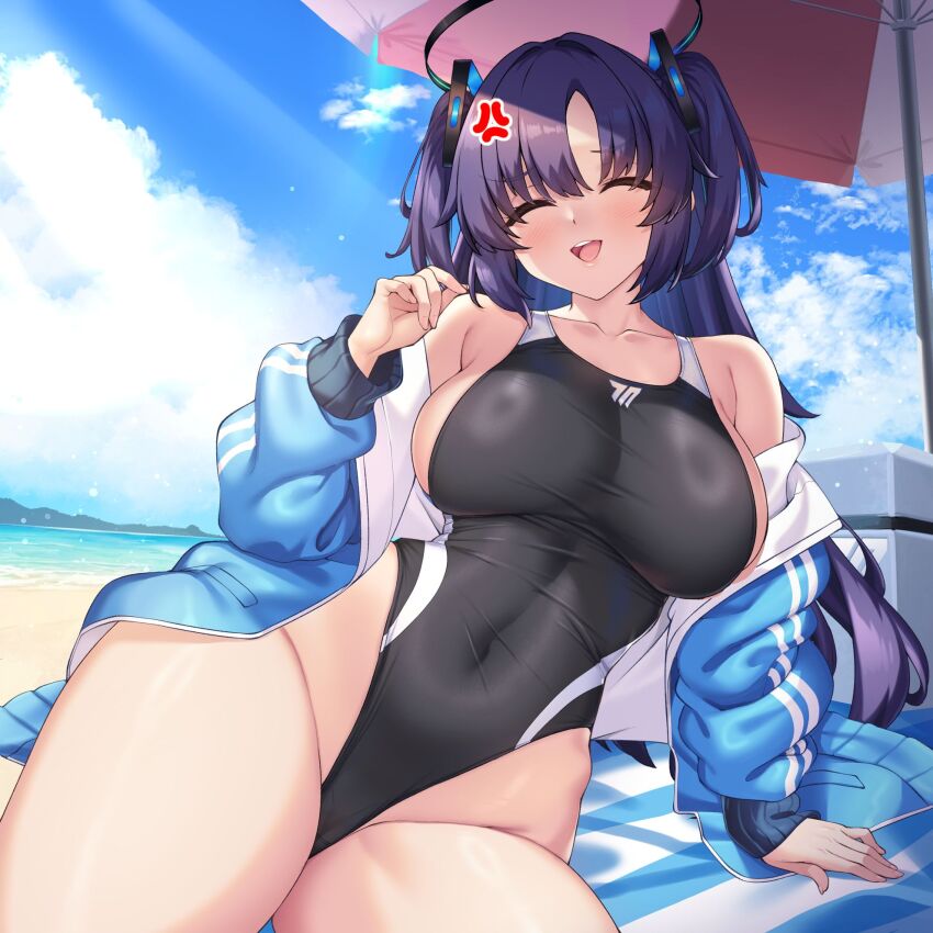 1girl alternate_costume anger_vein bare_shoulders beach black_one-piece_swimsuit blue_archive blue_hair blue_jacket blush breasts closed_eyes commentary_request covered_navel day halo hand_up highleg highleg_one-piece_swimsuit highres jacket large_breasts long_sleeves off_shoulder one-piece_swimsuit open_clothes open_jacket open_mouth outdoors parasol parted_bangs shirokuma_a sideboob smile solo swimsuit thighs two_side_up umbrella water yuuka_(blue_archive)