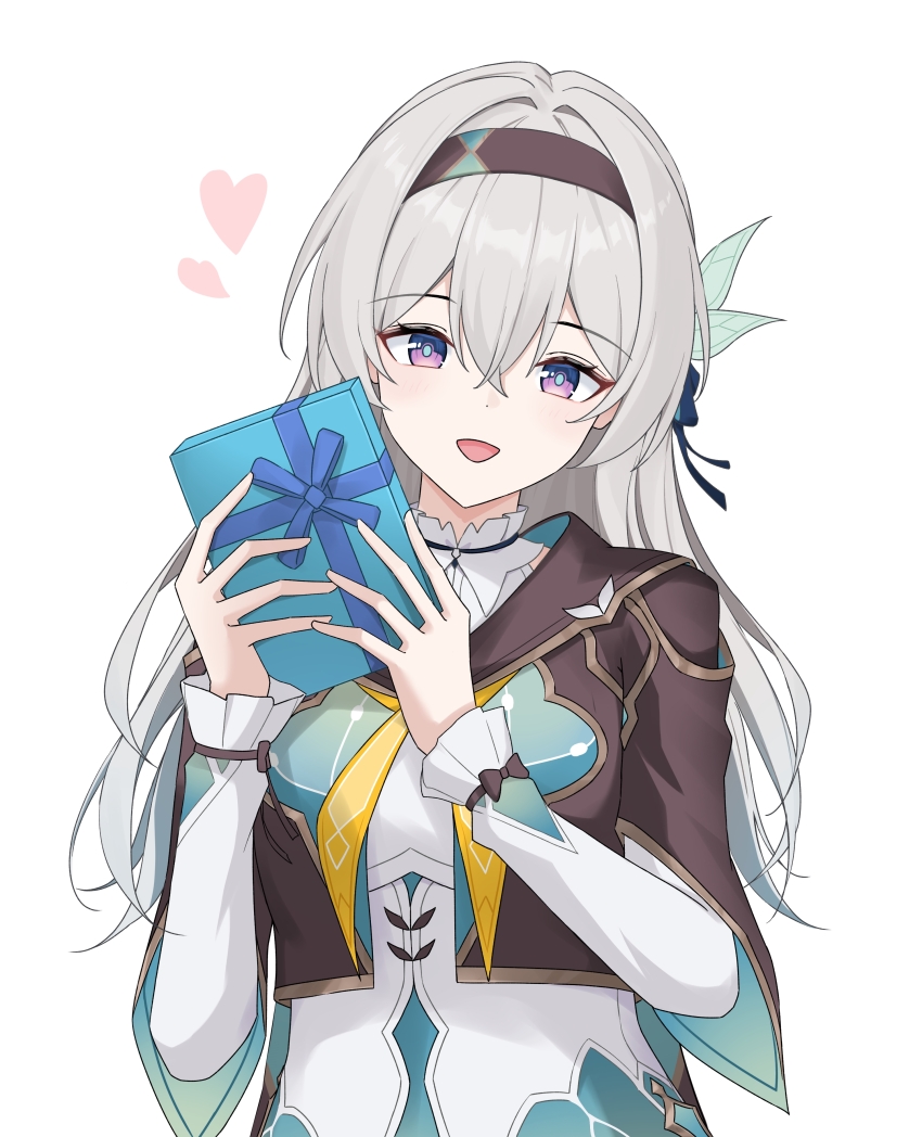 1girl absurdres black_hairband black_jacket blue_pupils box commentary cropped_jacket dot_nose firefly_(honkai:_star_rail) gift gift_box grey_hair hair_between_eyes hair_intakes hair_ornament hairband hands_up happy heart highres holding holding_gift honkai:_star_rail honkai_(series) jacket long_hair long_sleeves looking_at_viewer multicolored_eyes neckerchief nicel open_mouth orange_neckerchief purple_eyes shirt simple_background smile solo two-tone_eyes upper_body white_background white_shirt