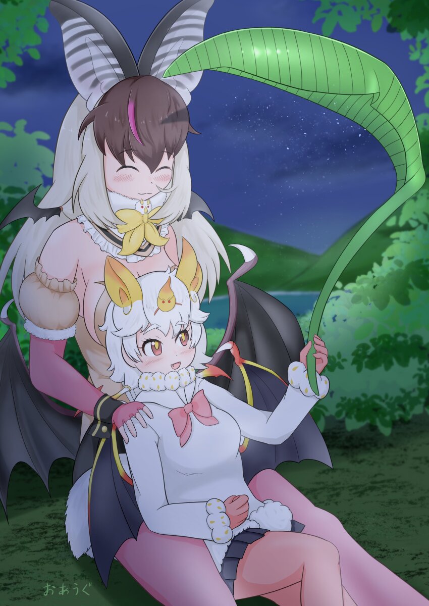 2girls absurdres animal_ears bat_ears bat_girl bat_wings bow bowtie brown_hair brown_long-eared_bat_(kemono_friends) elbow_gloves extra_ears fingerless_gloves gloves grey_hair highres honduran_white_bat_(kemono_friends) kemono_friends kemono_friends_v_project leaf_umbrella leotard long_hair microphone multiple_girls night night_sky oaug241 outdoors pantyhose short_hair skirt sky sweater virtual_youtuber white_hair wings yellow_eyes