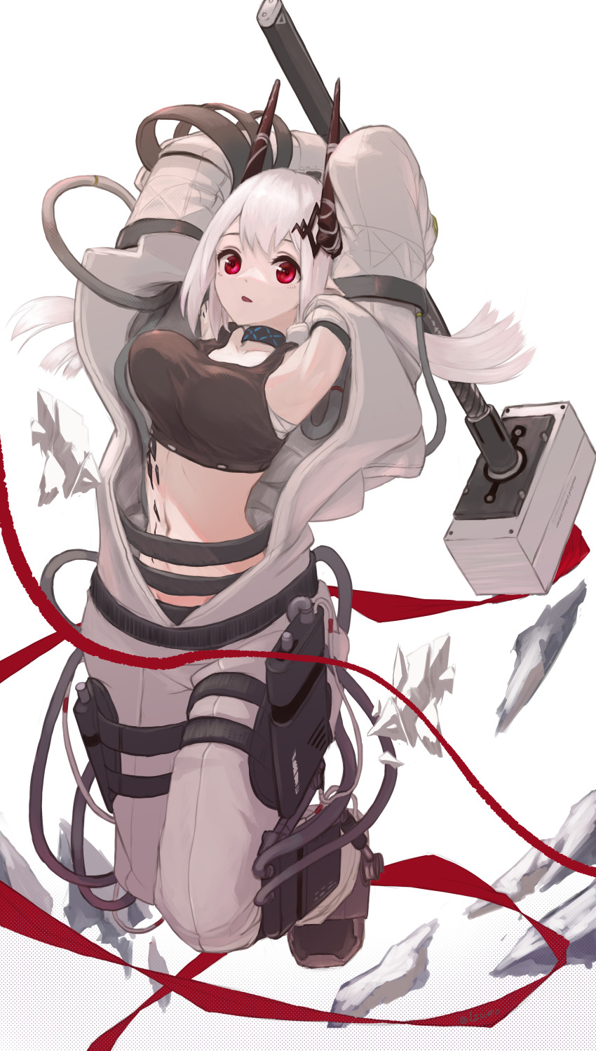 1girl absurdres arknights arms_up black_horns black_tank_top bouncing_breasts breasts collarbone commentary_request crop_top full_body hair_ornament hammer highres holding holding_hammer holding_weapon horns infection_monitor_(arknights) izumo_(ton_63) jumping jumpsuit large_breasts long_hair looking_at_viewer material_growth midair mudrock_(arknights) mudrock_(elite_ii)_(arknights) open_jumpsuit open_mouth oripathy_lesion_(arknights) partial_commentary red_eyes red_ribbon ribbon sarashi simple_background sledgehammer solo tank_top weapon white_background white_hair white_jumpsuit