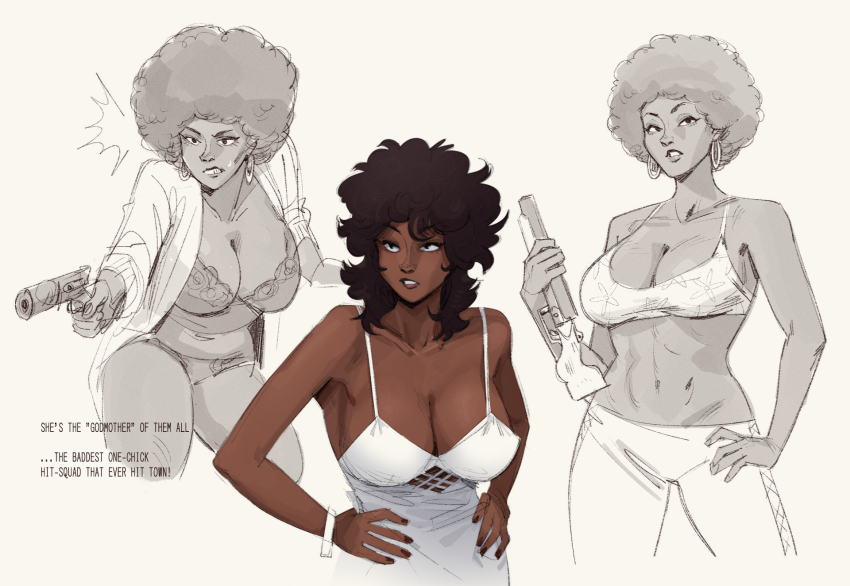 1girl afro dark-skinned_female dark_skin english_text greyscale gun gutalalaman highres lingerie long_sleeves monochrome navel pam_grier pants real_life sawed-off_shotgun shotgun simple_background solo underwear weapon white_background white_pants