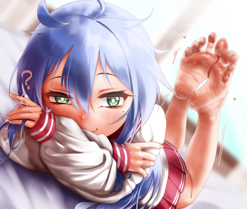 1girl ? ahoge bare_legs barefoot blue_hair blurry blurry_background blush closed_mouth dutch_angle eyelashes feet feet_up foot_focus full_body green_eyes hair_between_eyes highres izumi_konata long_hair long_sleeves looking_at_viewer lucky_star lying miniskirt mole mole_under_eye no_shoes nokchamint on_stomach pleated_skirt red_skirt sailor_collar school_uniform skirt smell soles solo steaming_body the_pose toenails toes