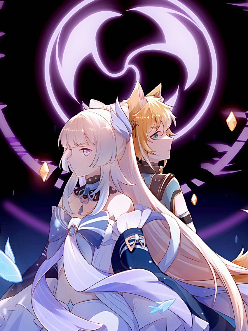1boy 1girl animal_ears back-to-back blue_bow blue_dress blue_eyes bow brown_hair catmelon_(user_melon010203) chinese_commentary commentary_request cropped dog_boy dog_ears dog_tail dress fish genshin_impact gorou_(genshin_impact) highres looking_at_another mitsudomoe_(shape) ponytail rock sangonomiya_kokomi tail tomoe_(symbol)
