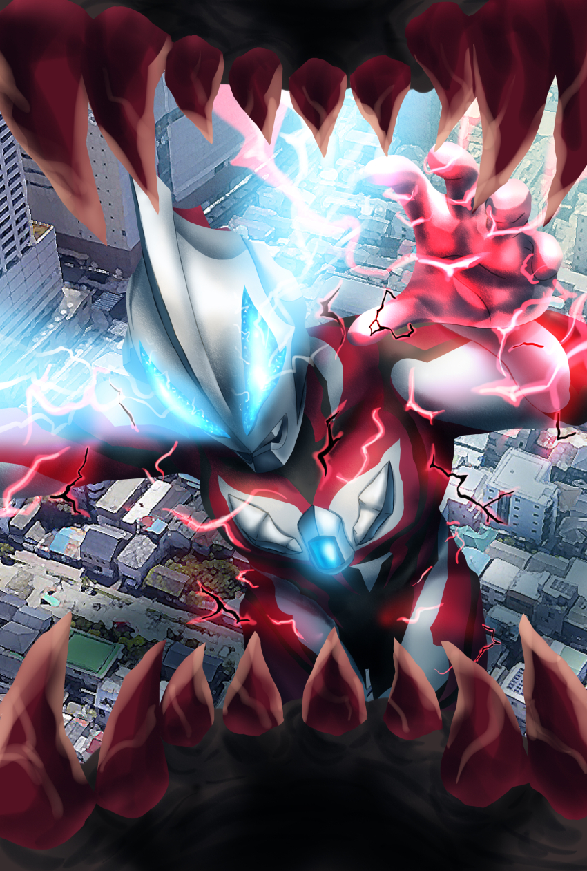 1boy absurdres alien blue_eyes building city cityscape color_timer colored_skin commentary_request electricity energy giant glowing glowing_eyes highres kaiju male_focus monster multicolored_skin no_pupils outstretched_arm outstretched_hand red_skin sharp_teeth silver_skin skull_gomora teeth tokusatsu ultra_series ultraman_geed ultraman_geed_(series) yoshifuto