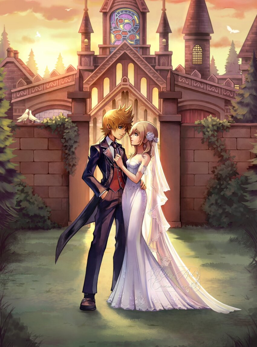 1boy 1girl alternate_costume artist_name bare_shoulders bird black_footwear black_necktie black_pants black_suit blonde_hair blue_eyes bridal_veil cloud collared_shirt commentary commission dove dress english_commentary flower formal_clothes full_body grass hair_flower hair_ornament hand_in_pocket hand_on_another&#039;s_hip highres hollypolllyy kingdom_hearts kingdom_hearts_ii lips long_hair looking_at_another namine necktie nomura_tetsuya_(style) orange_sky outdoors pants pink_lips pointy_hair profile roxas shirt shoes short_hair signature sky smile strapless strapless_dress suit sunlight sunset veil wedding_dress white_dress white_flower white_shirt