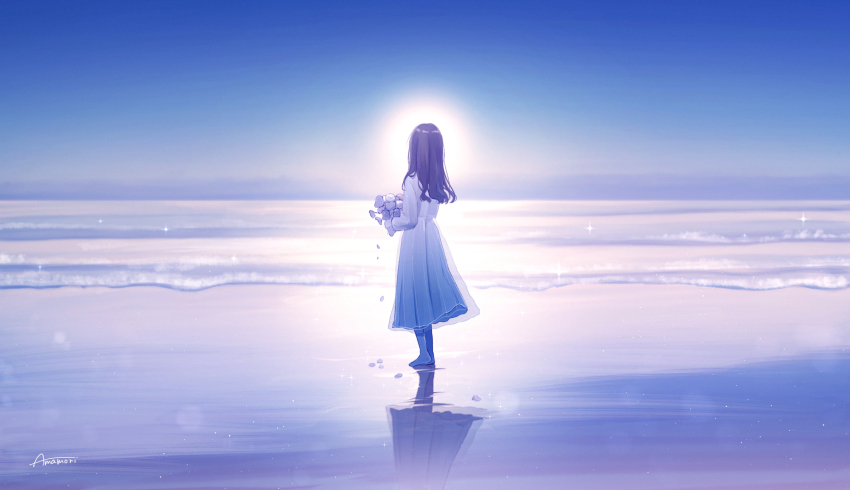 1girl amenomori_howa artist_name beach black_hair blue_sky bouquet clear_sky commentary_request day dress flower from_behind highres holding holding_bouquet horizon long_hair long_sleeves no_shoes ocean original outdoors scenery shore sky socks solo sparkle standing sun water white_dress white_socks wide_shot