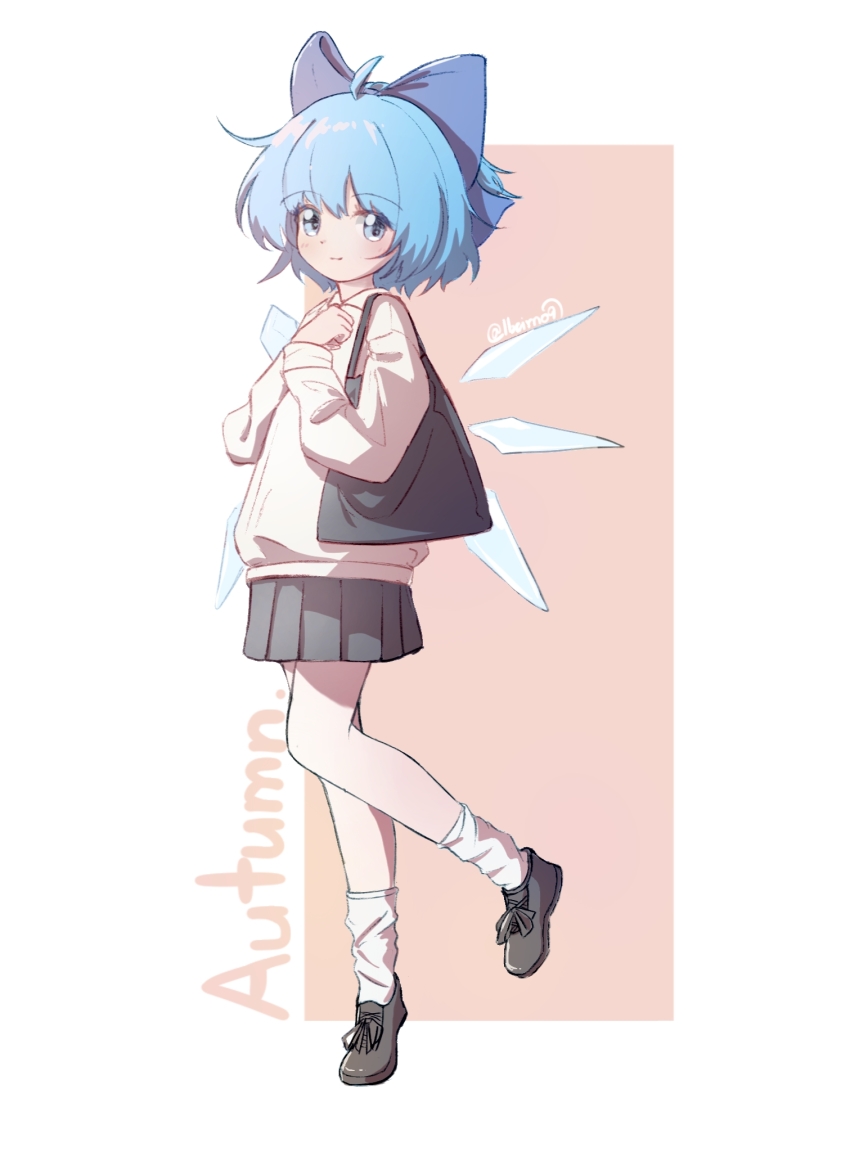 1girl ahoge alternate_costume autumn bag blue_bow blue_eyes blue_hair bow cirno full_body grey_skirt hair_bow highres ice ice_wings jacket lbcirno9 looking_at_viewer pleated_skirt short_hair shoulder_bag skirt socks touhou white_jacket white_socks wings